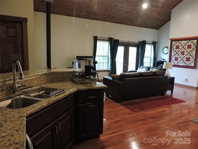 235 Red Oak Ln, Burnsville, NC 28714 - kitchen featuring a sink, vaulted ceiling, wood finished floors, stone countertops, and open floor plan