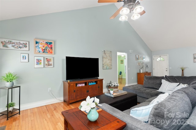 20 Grove Garden Ave, Candler, NC 28715 - living area with high vaulted ceiling, ceiling fan, light wood-type flooring, and baseboards