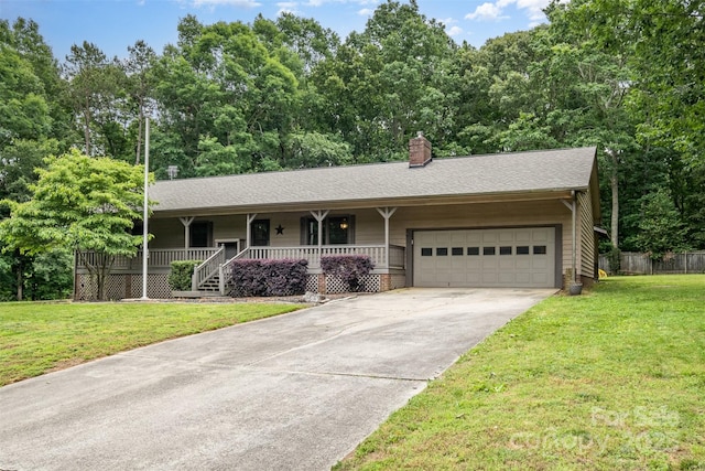 1142 Foxberry Rd, Lincolnton, NC 28092 - single story home with a porch, an attached garage, driveway, a chimney, and a shingled roof