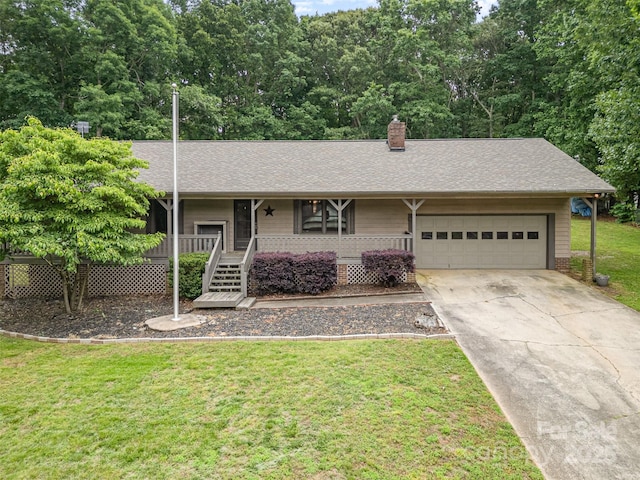 1142 Foxberry Rd, Lincolnton, NC 28092 - ranch-style home with a front yard, an attached garage, roof with shingles, a chimney, and concrete driveway