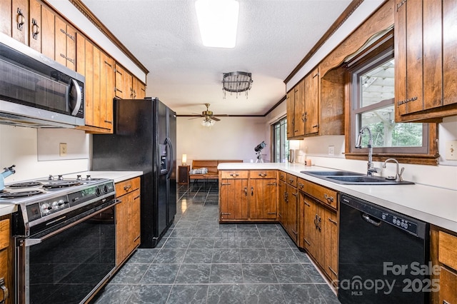 1142 Foxberry Rd, Lincolnton, NC 28092 - kitchen with black appliances, a sink, brown cabinetry, ornamental molding, and light countertops
