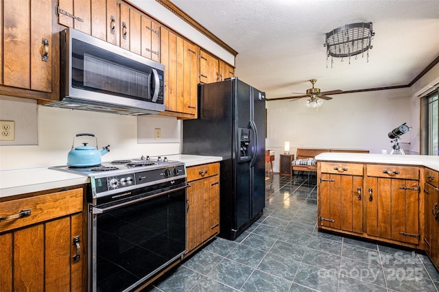 1142 Foxberry Rd, Lincolnton, NC 28092 - kitchen with black appliances, brown cabinets, a ceiling fan, ornamental molding, and a textured ceiling