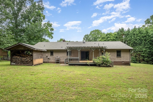 1142 Foxberry Rd, Lincolnton, NC 28092 - rear view of house featuring a pergola, crawl space, a yard, a wooden deck, and roof with shingles