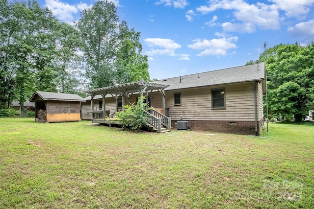 1142 Foxberry Rd, Lincolnton, NC 28092 - back of property with a pergola, crawl space, a lawn, cooling unit, and roof with shingles