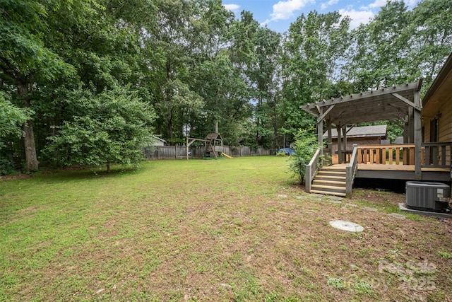 1142 Foxberry Rd, Lincolnton, NC 28092 - view of yard featuring a playground, central air condition unit, a wooden deck, and a pergola