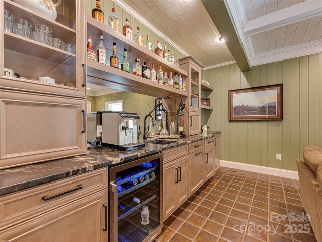 4201 Quail Hunt Ln, Charlotte, NC 28226 - indoor wet bar with wine cooler, crown molding, baseboards, wood walls, and wooden ceiling with exposed beams