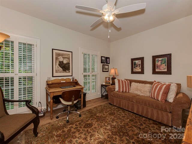 4201 Quail Hunt Ln, Charlotte, NC 28226 - office space featuring wood finished floors, ceiling fan, and healthy amount of natural light