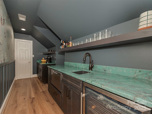 4201 Quail Hunt Ln, Charlotte, NC 28226 - kitchen with a sink, beverage cooler, light wood-type flooring, vaulted ceiling, and open shelves