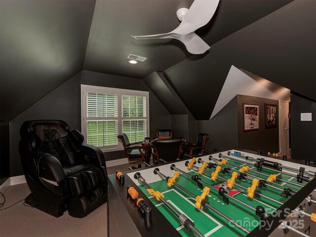 4201 Quail Hunt Ln, Charlotte, NC 28226 - rec room with lofted ceiling, carpet flooring, and ceiling fan