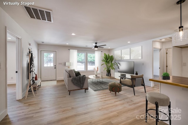 2934 Drummond St, Connelly Springs, NC 28612 - living area with light wood-type flooring, recessed lighting, baseboards, and a ceiling fan