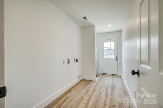 2934 Drummond St, Connelly Springs, NC 28612 - laundry area with baseboards, light wood-style flooring, recessed lighting, and washer hookup