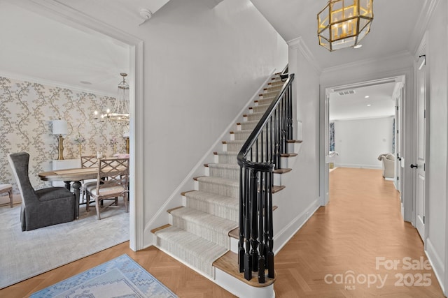 1625 Bibury Ln, Charlotte, NC 28211 - staircase featuring a chandelier, baseboards, and crown molding