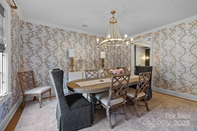1625 Bibury Ln, Charlotte, NC 28211 - dining area with a chandelier, wallpapered walls, crown molding, and baseboards