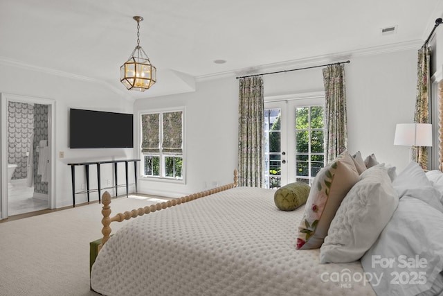 1625 Bibury Ln, Charlotte, NC 28211 - bedroom featuring crown molding, multiple windows, access to outside, a chandelier, and french doors
