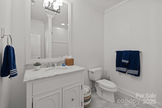 1625 Bibury Ln, Charlotte, NC 28211 - bathroom featuring toilet, vanity, baseboards, crown molding, and a shower