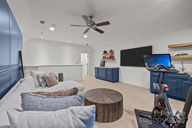 1625 Bibury Ln, Charlotte, NC 28211 - living room featuring light colored carpet, ceiling fan, recessed lighting, and baseboards
