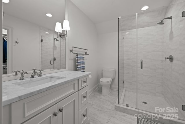 1625 Bibury Ln, Charlotte, NC 28211 - full bath with marble look tile flooring, a shower stall, vanity, toilet, and recessed lighting