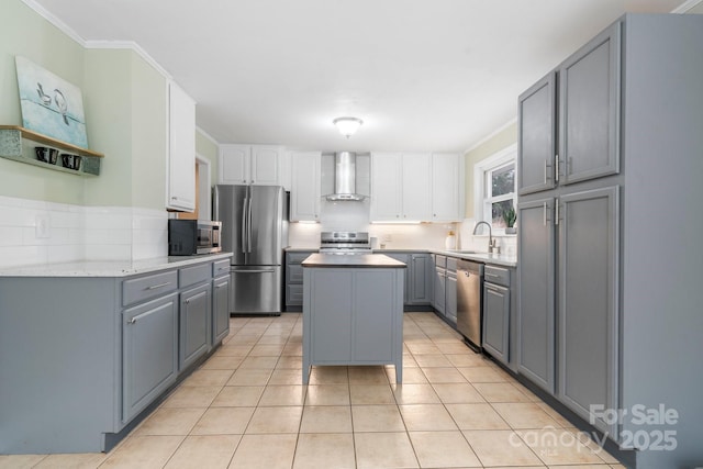 1525 16th Avenue Cir NW, Hickory, NC 28601 - kitchen featuring wall chimney exhaust hood, stainless steel appliances, gray cabinets, a sink, and a center island