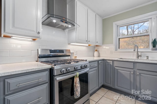 1525 16th Avenue Cir NW, Hickory, NC 28601 - kitchen featuring stainless steel gas range oven, gray cabinets, wall chimney exhaust hood, a sink, and crown molding