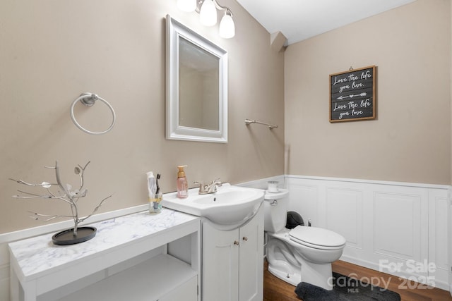 1525 16th Avenue Cir NW, Hickory, NC 28601 - bathroom with vanity, wood finished floors, toilet, and a wainscoted wall