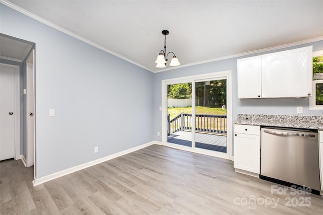 4750 Enochville Rd, Kannapolis, NC 28081 - kitchen with stainless steel dishwasher, light wood-style flooring, white cabinets, crown molding, and a chandelier