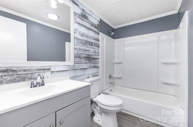 4750 Enochville Rd, Kannapolis, NC 28081 - full bathroom with crown molding, wood walls, vanity, toilet, and washtub / shower combination