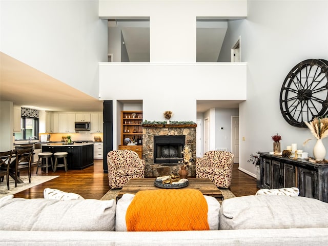 4344 Eagles Nest Rd, Waynesville, NC 28786 - living area with a high ceiling, a stone fireplace, and dark wood finished floors