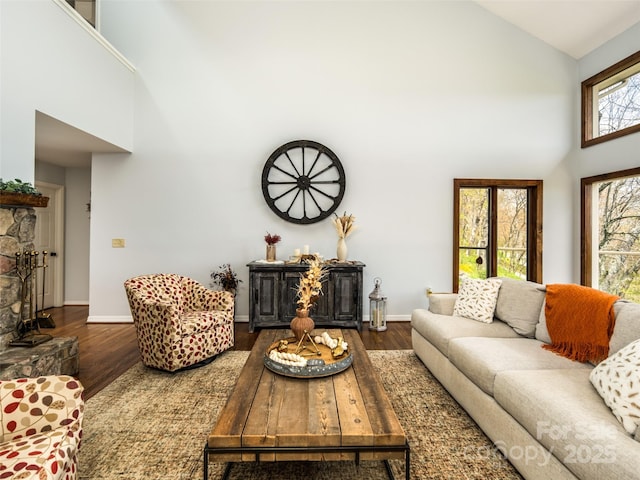 4344 Eagles Nest Rd, Waynesville, NC 28786 - living area with high vaulted ceiling, wood finished floors, a fireplace, and baseboards