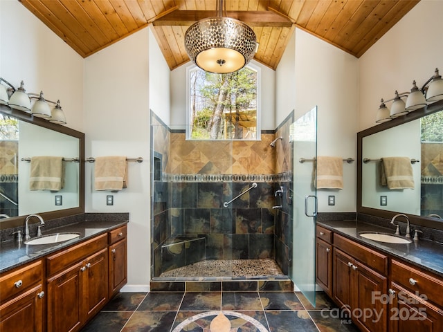 4344 Eagles Nest Rd, Waynesville, NC 28786 - full bathroom with wooden ceiling, a shower stall, two vanities, and lofted ceiling