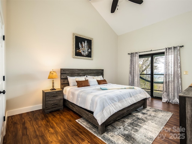 4344 Eagles Nest Rd, Waynesville, NC 28786 - bedroom featuring dark wood-style floors, high vaulted ceiling, baseboards, and ceiling fan