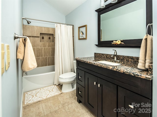 4344 Eagles Nest Rd, Waynesville, NC 28786 - bathroom featuring vanity, shower / bath combination with curtain, toilet, and vaulted ceiling