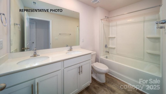 921 Two Brothers Ln, York, SC 29745 - bathroom with wood finished floors, double vanity, and shower / washtub combination