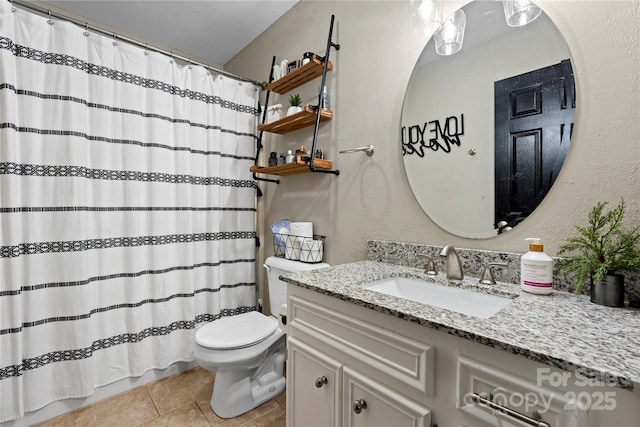 5750 Ellenwood Dr, Granite Falls, NC 28630 - bathroom with vanity, toilet, a textured wall, tile patterned flooring, and a shower with shower curtain
