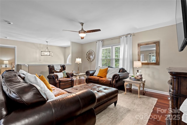 5750 Ellenwood Dr, Granite Falls, NC 28630 - living area featuring ceiling fan, wood finished floors, and baseboards