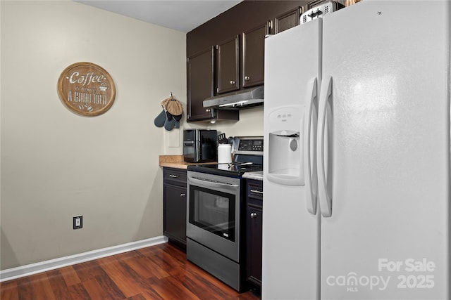 5750 Ellenwood Dr, Granite Falls, NC 28630 - kitchen with white refrigerator with ice dispenser, stainless steel range with electric stovetop, under cabinet range hood, dark wood-style flooring, and light countertops
