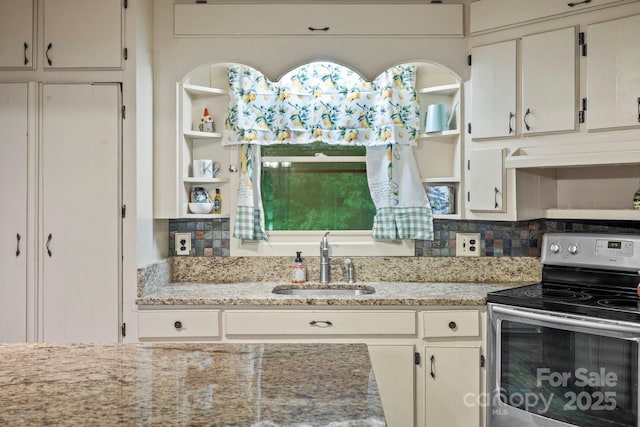 14518 Big Laurel Rd, Mars Hill, NC 28754 - kitchen featuring stainless steel electric stove, a sink, open shelves, and tasteful backsplash