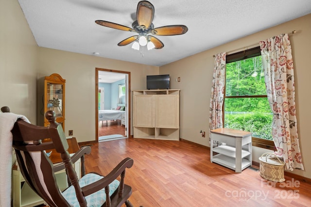 14518 Big Laurel Rd, Mars Hill, NC 28754 - living area featuring light wood-style floors, ceiling fan, a textured ceiling, and baseboards