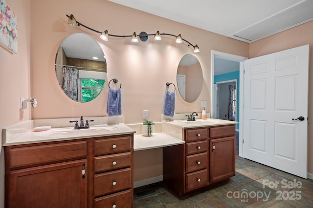 14518 Big Laurel Rd, Mars Hill, NC 28754 - full bath with vanity, stone finish floors, curtained shower, and baseboards