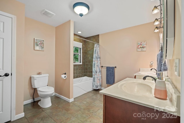 14518 Big Laurel Rd, Mars Hill, NC 28754 - bathroom featuring baseboards, toilet, double vanity, shower / tub combo with curtain, and stone finish flooring