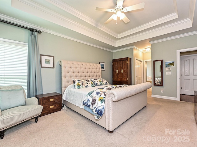 2406 Tarleton Twins Ter, Charlotte, NC 28270 - bedroom featuring a raised ceiling, carpet floors, crown molding, baseboards, and ceiling fan