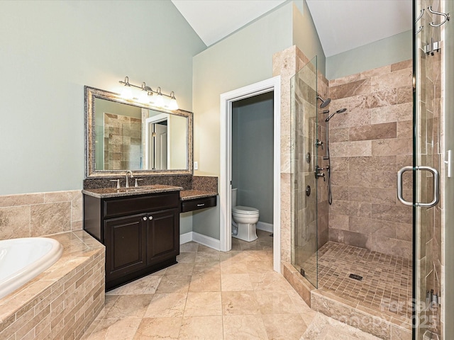 2406 Tarleton Twins Ter, Charlotte, NC 28270 - full bathroom featuring a bath, a shower stall, toilet, vanity, and lofted ceiling