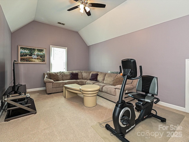 2406 Tarleton Twins Ter, Charlotte, NC 28270 - carpeted living room featuring ceiling fan, lofted ceiling, and baseboards