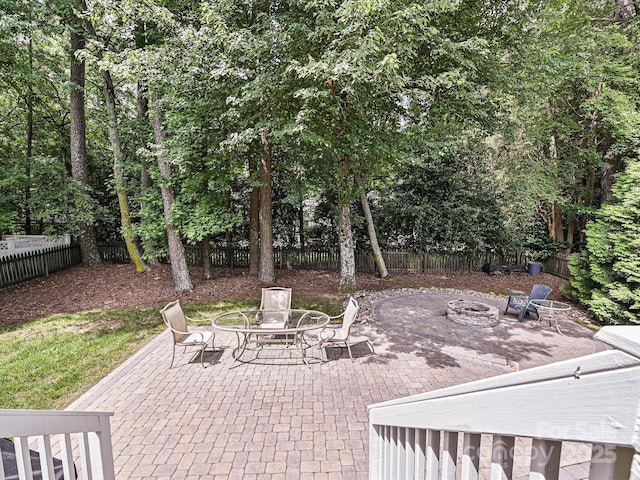 2406 Tarleton Twins Ter, Charlotte, NC 28270 - fenced backyard featuring a patio, a fire pit, and outdoor dining space