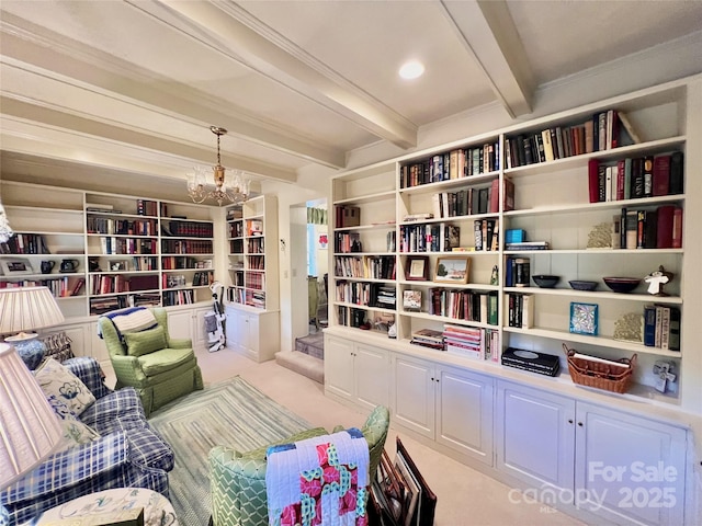 303 Wade E Vannoy Dr, West Jefferson, NC 28694 - living area featuring beam ceiling, a chandelier, bookshelves, light colored carpet, and crown molding