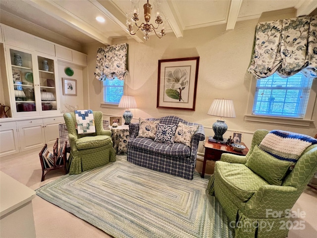 303 Wade E Vannoy Dr, West Jefferson, NC 28694 - living area featuring crown molding, a chandelier, and beamed ceiling