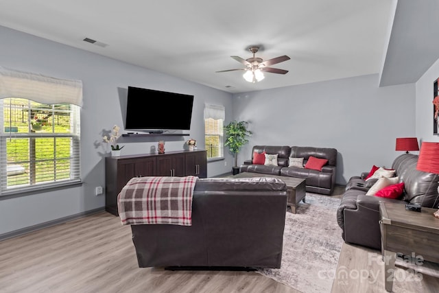 1725 Mill Creek Ln SW, Concord, NC 28025 - living room featuring ceiling fan, light wood-style floors, and baseboards