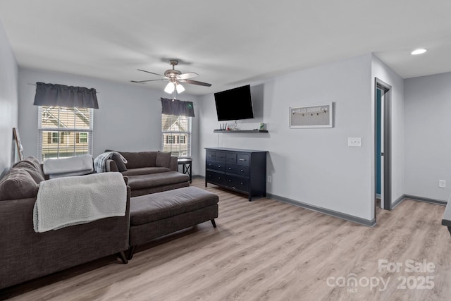 1725 Mill Creek Ln SW, Concord, NC 28025 - living room featuring light wood finished floors, ceiling fan, baseboards, and recessed lighting