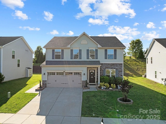 1725 Mill Creek Ln SW, Concord, NC 28025 - view of front of home featuring stone siding, driveway, a garage, and a front lawn