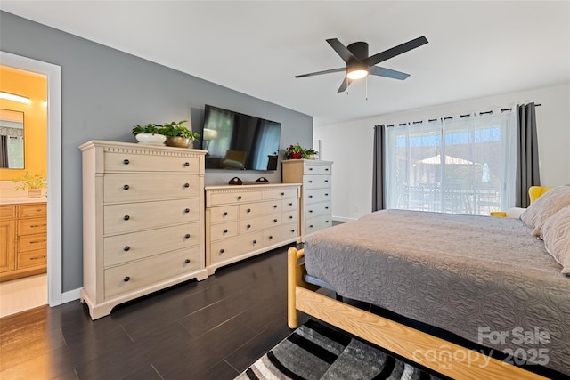 225 Valley View Ter, Waynesville, NC 28786 - bedroom featuring dark wood-style flooring, ensuite bath, and ceiling fan