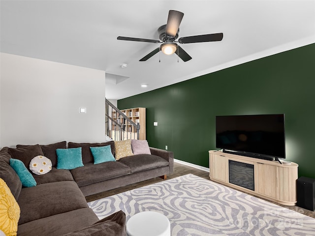 32 Benedict Ln, Weaverville, NC 28787 - living room featuring ceiling fan, wood finished floors, stairway, and baseboards